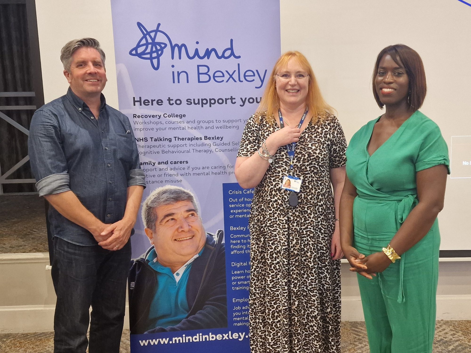 A photograph from the APL PCN Menopause Awareness Event, featuring Mind in Bexley's Dr David Palmer and Edelweiss Collings, as well as Dr Emma Ageykum