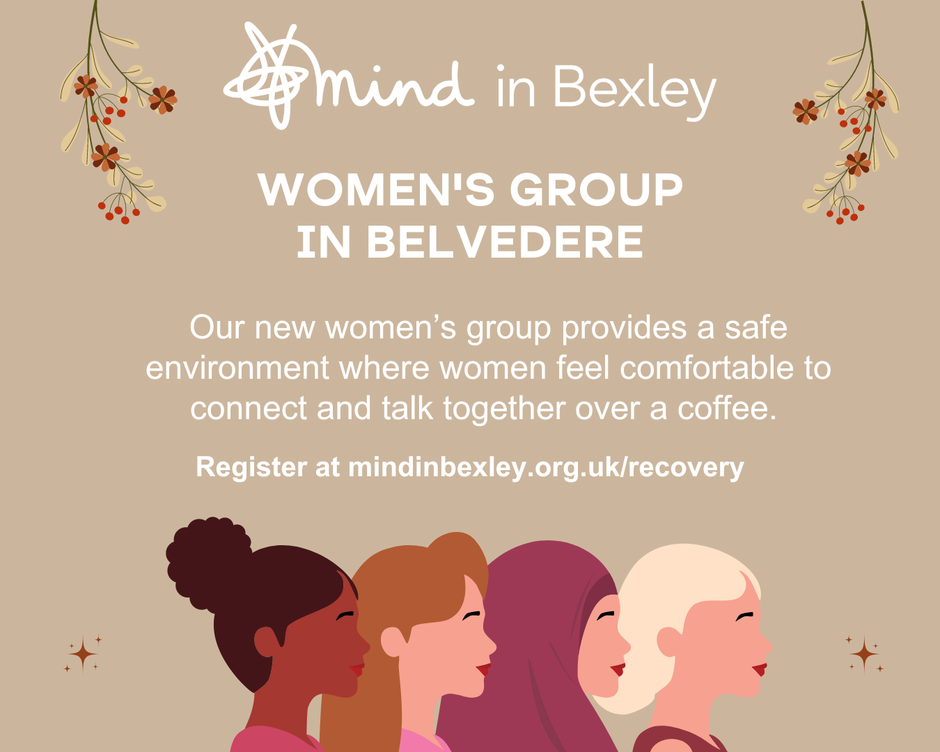 Poster advertising the new Women's Group in Belvedere including the sign up link to mindinbexley.org.uk/recovery/
