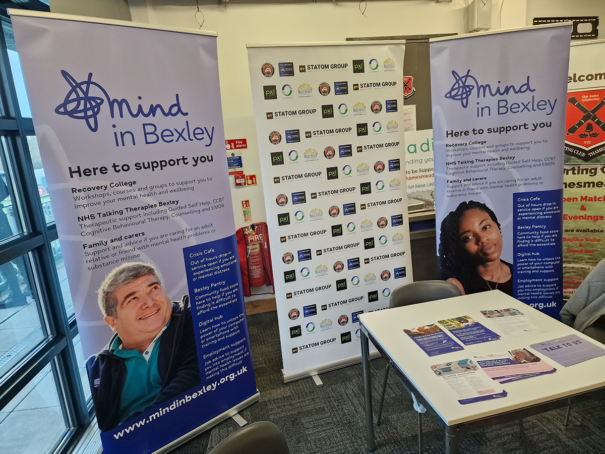 Mind in Bexley roller banners with service information at the Erith Town v Welling Town game
