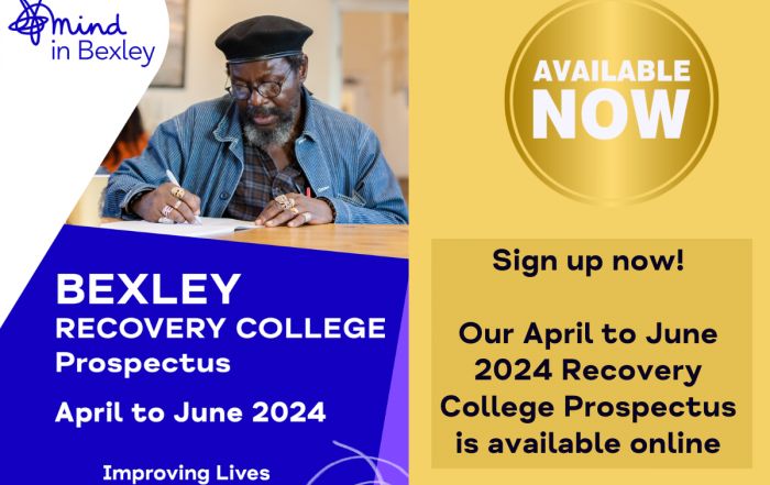 A graphic that includes the front page of the Recovery College Prospectus for April to June - along with the words Sign Up Now