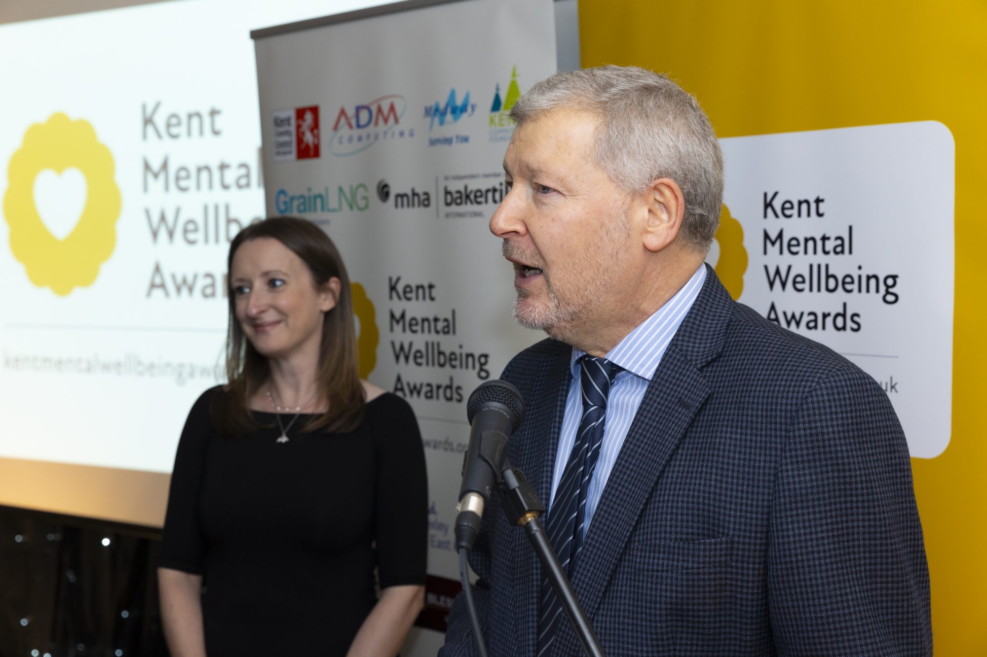 Mind in Bexley's Simon Dolby and KMFM's Nicola Everett pictured hosting the 2023 Kent Mental Wellbeing awards event