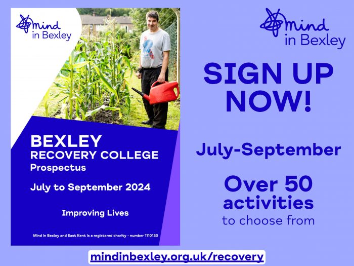 A graphic including the front page of the July-September Recovery College Prsopectus and saying Sign Up Now and Over 50 activities to choose from