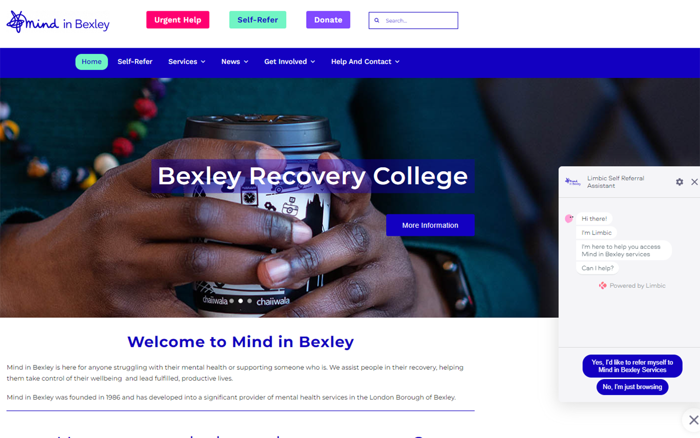 Screenshot of the Mind in Bexley website featuring the new Limbic assistant