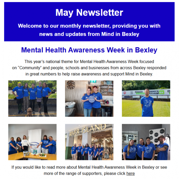 Screenshot of the top story of the May Newsletter with the headline Mental Health Awareness Week in Bexley, featuring a cascade of six thumbnail images