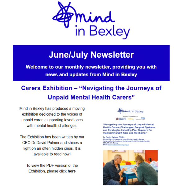 A screenshot of the main story of the June/July Mind in Bexley newsletter - featuring the main story about our Carers Exhibition "Navigating the Journeys of the Unpaid Mental Health Carers".