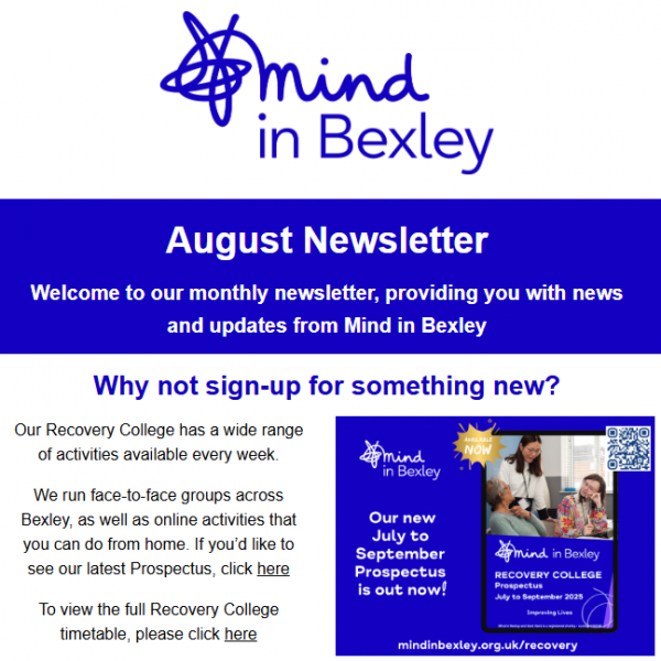 A screenshot of the lead story of the Mind in Bexley August newsletter