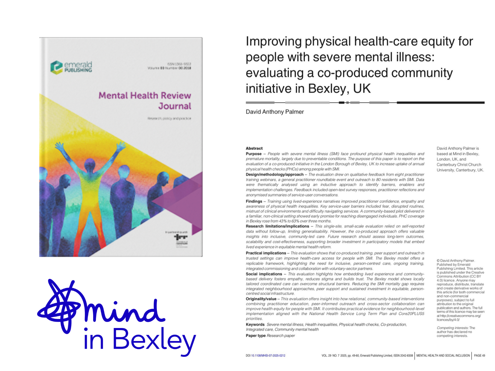 A graphic featuring the front pages of the Mental Health Review Journal and underneath is the Mind in Bexley logo, on the right is the front of the article published on the Mental Health and Social Inclusion website - it's about our bexley physical health checks project