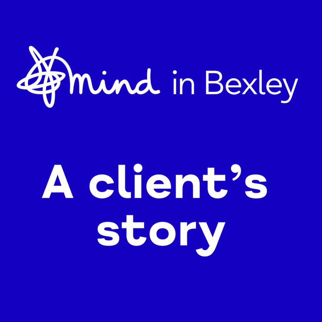 Blue background with the Mind in Bexley logo in white and the text: A client's story