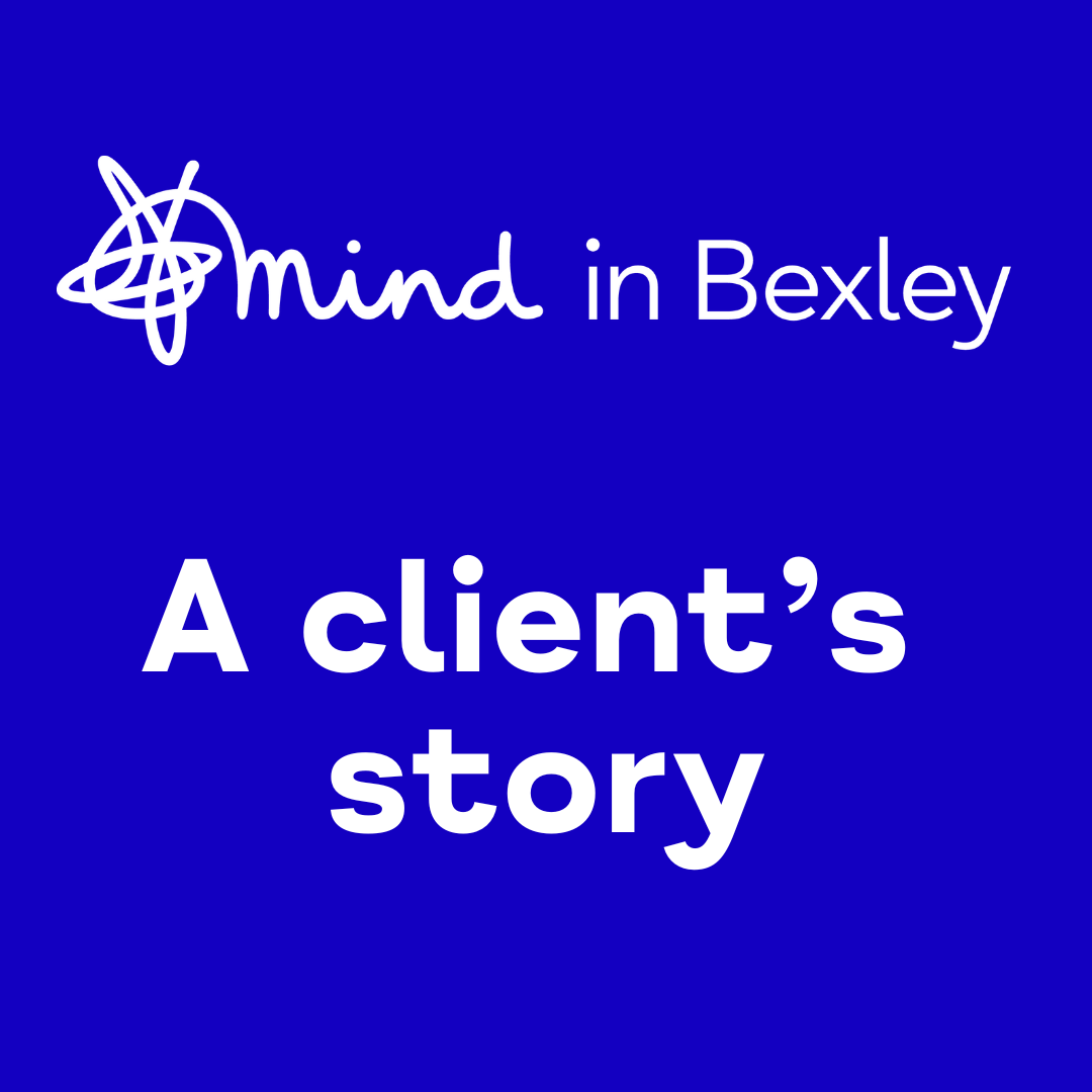 Blue background with the Mind in Bexley logo in white and the text: A client's story