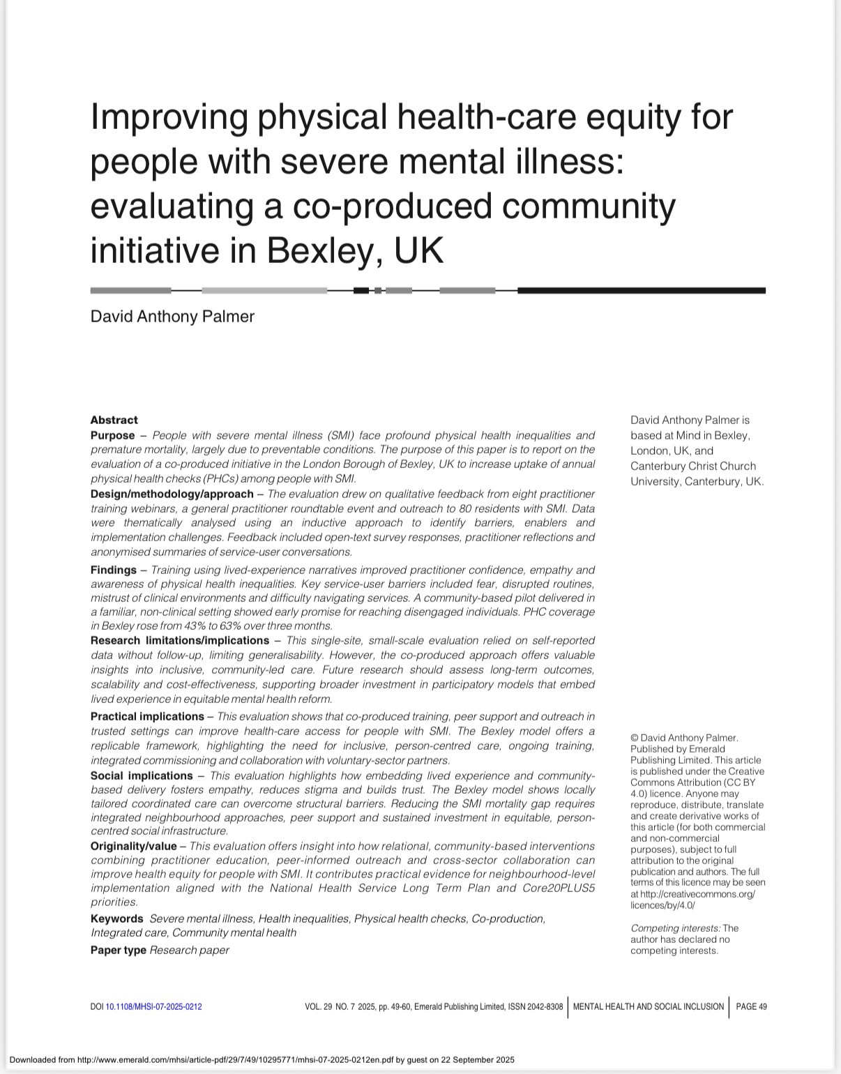 The front page on the paper published on the Mental Health and Social Inclusion website - it's about our bexley physical health checks project