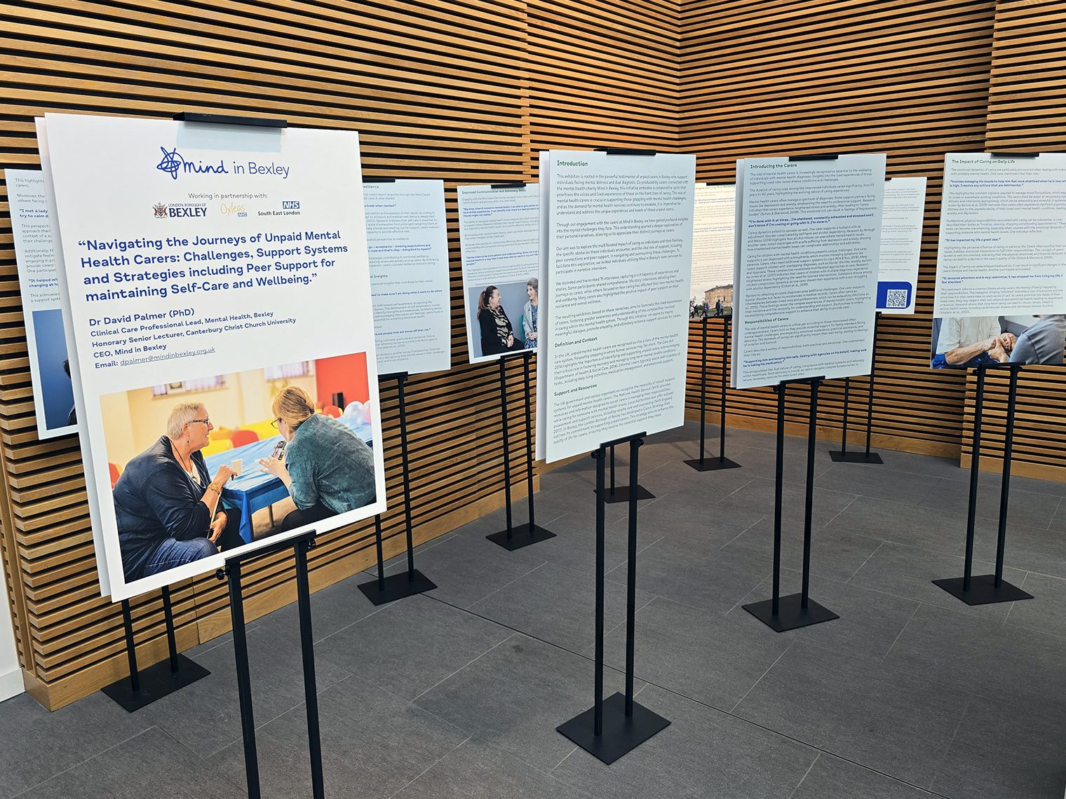 Our Exhibition in reception at Bexley Civic Offices, featuring 20 boards on 10 metal stands