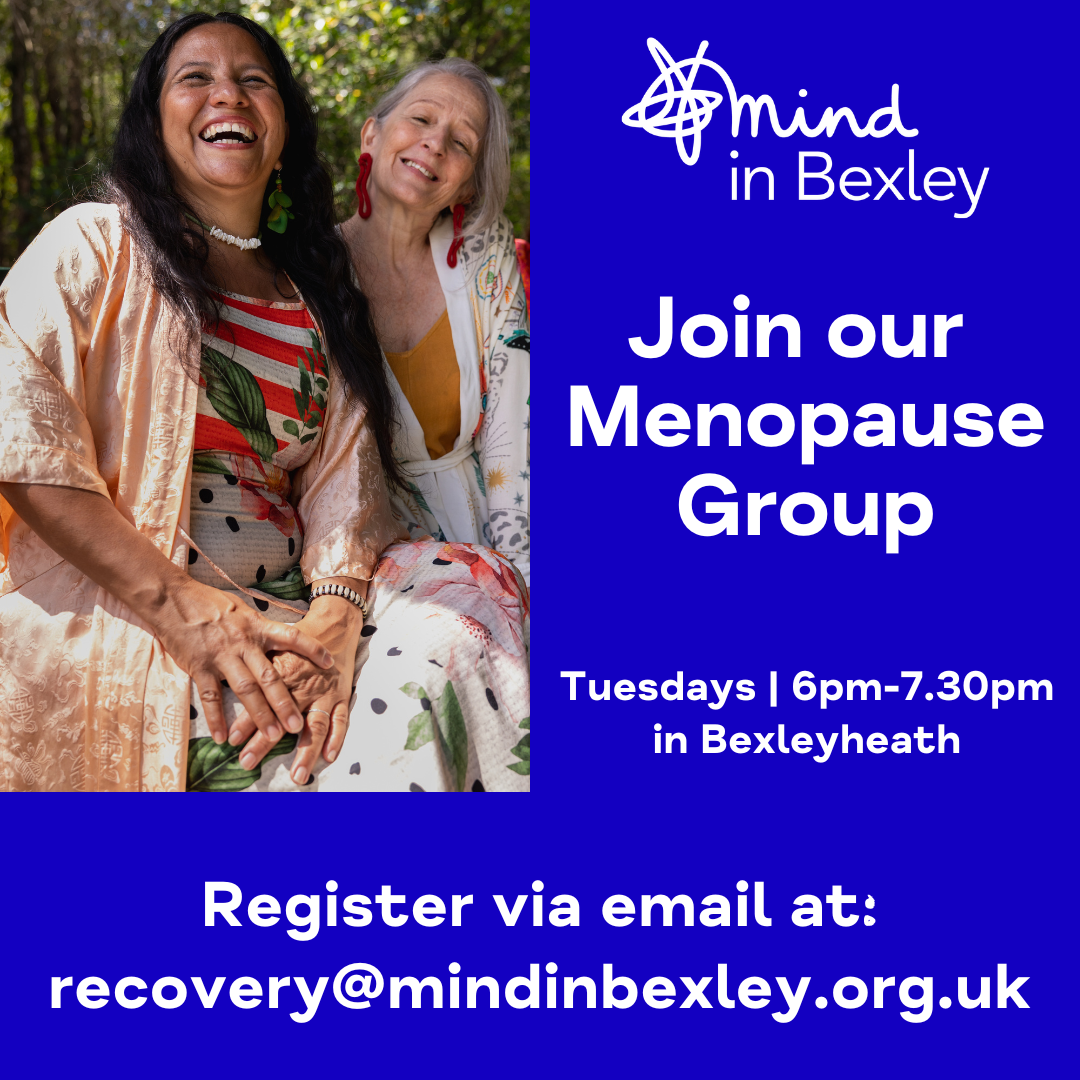 Menopause group flyer featuring a picture of two women laughing 