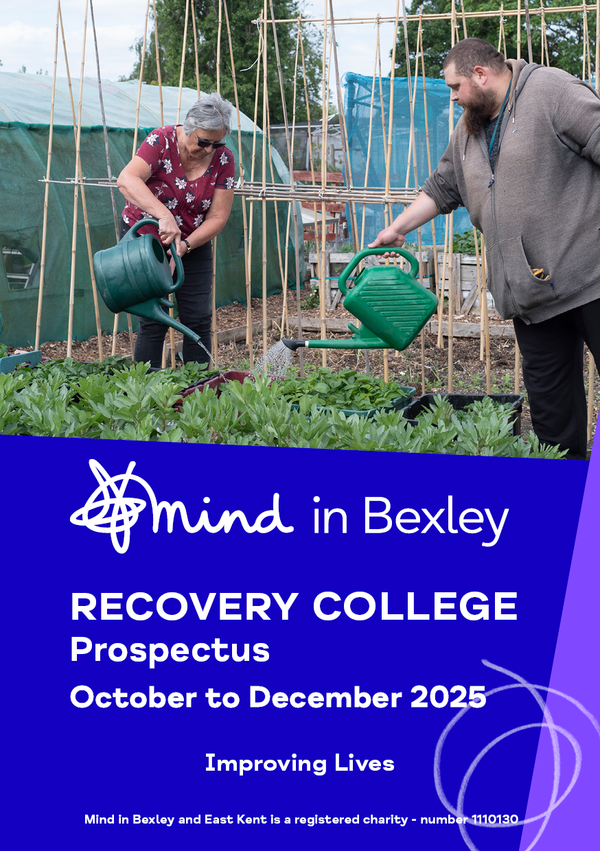 The front page of the new Prospectus. TMind in Bexley logo appears above the text: “Recovery College Prospectus, October to December 2025, Improving Lives.” Below, small print states the charity registration number. A photo shows two people outdoors, watering vegetable plants in a at the Open Spaces allotments in Alers Rd, Bexleyheath..