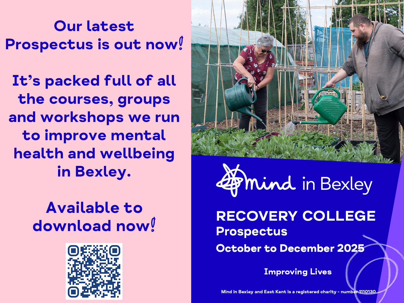 Promotional graphic for Mind in Bexley’s Recovery College Prospectus, October–December 2025. On the left, text reads: “Our latest Prospectus is out now! It’s packed full of all the courses, groups and workshops we run to improve mental health and wellbeing in Bexley. Available to download now!” with a QR code beneath. On the right, the Mind in Bexley logo appears above the text: “Recovery College Prospectus, October to December 2025, Improving Lives.” Below, small print states the charity registration number. A photo shows two people outdoors, watering vegetable plants in a garden.