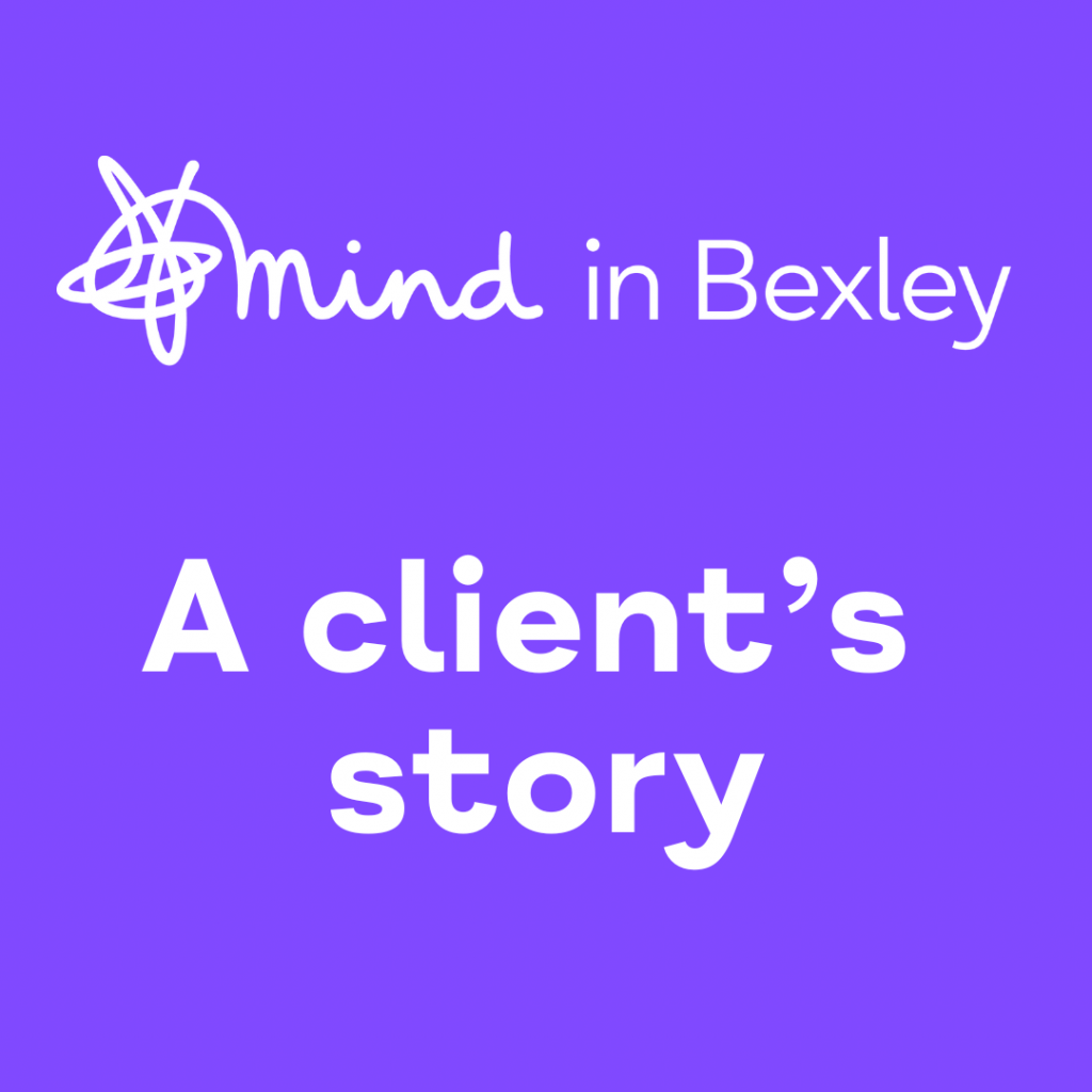 Purple background with the Mind in Bexley logo in white and the text: A client's story