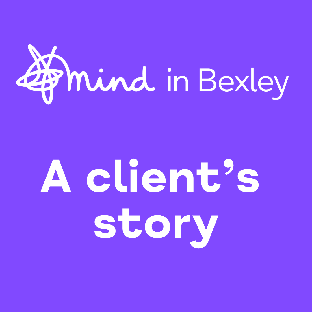 Purple background with the Mind in Bexley logo in white and the text: A client's story