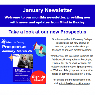 A screenshot of the lead story of the Mind in Bexley September newsletter, featuring the front cover of the latest Recovery College Prospectus