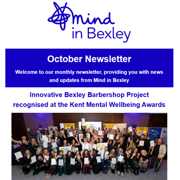 The front of the October newsletter with the Mind in Bexley logo and a picture of all the winners at the Kent Mental Wellbeing Awards. The headline says 'Innovative Bexley Barbershop Project recognised at the Kent Mental Wellbeing Awards'
