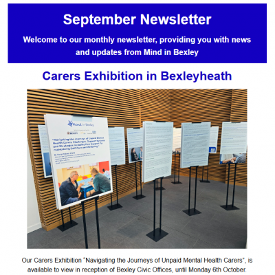 A screenshot of the lead story of the Mind in Bexley September newsletter, featuring a photo from the Carers Exhibition at Bexley Civic Offices