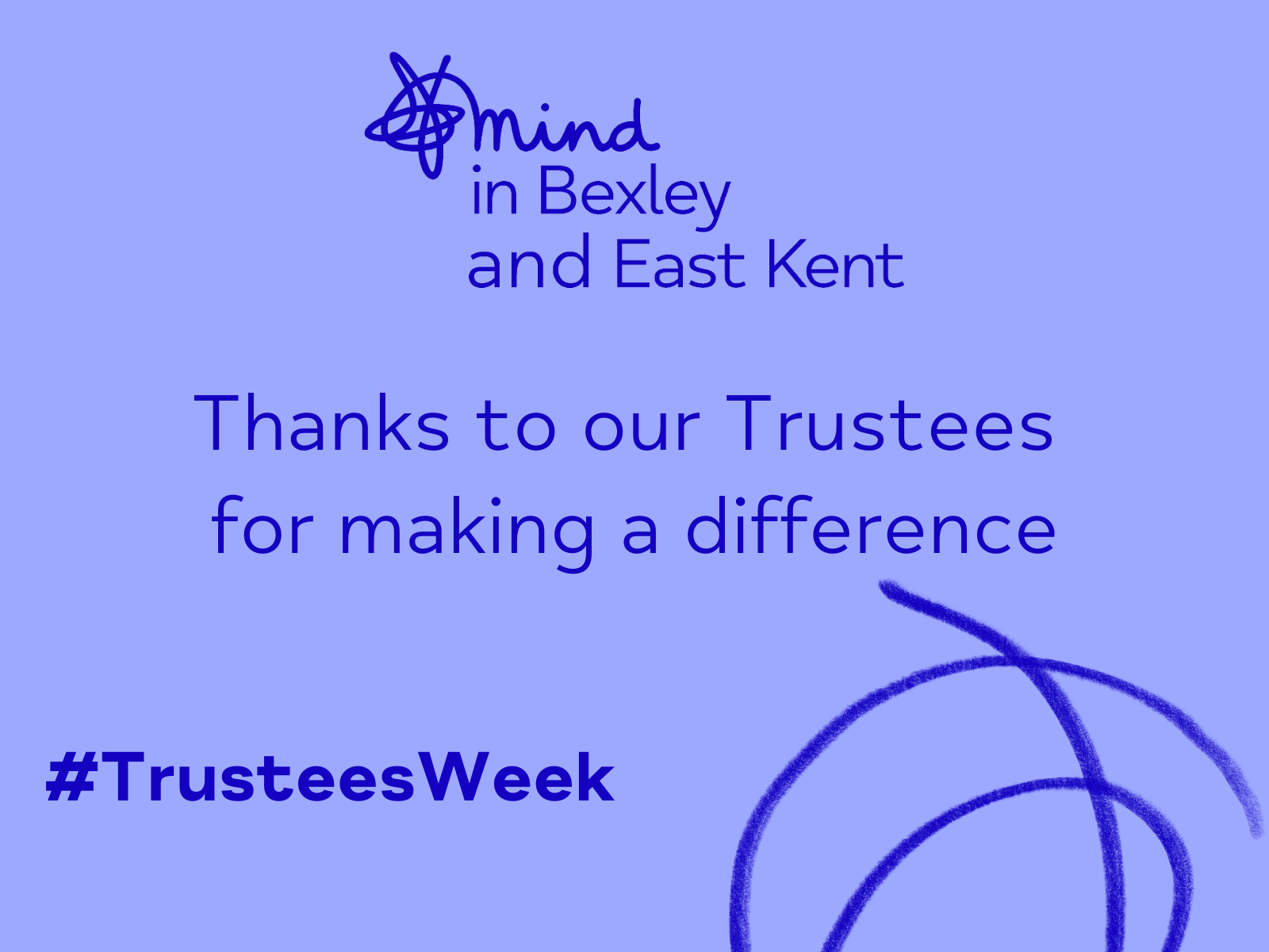 A sky blue graphic with the Mind in Bexley and East Kent logo in a darker blue and the words “Thanks to our Trustees from making a difference’ as well as the hashtag TrusteeWeek