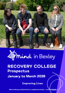 The front cover of the Prospectus, featuring a photo of four people from our Walk and Talk group sat on a bench in Danson Park