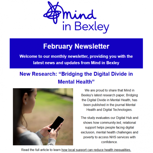 February Newsletter screenshot with the Mind in Bexley logo in Blue. The main story is titled New Research: "Bridging the Digital Divide to Mental Health"