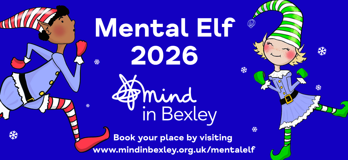 Two elves are looking mischievous on this blue festive graphic that included the title Mental Elf 2026 and the Mind in Bexley logo in white