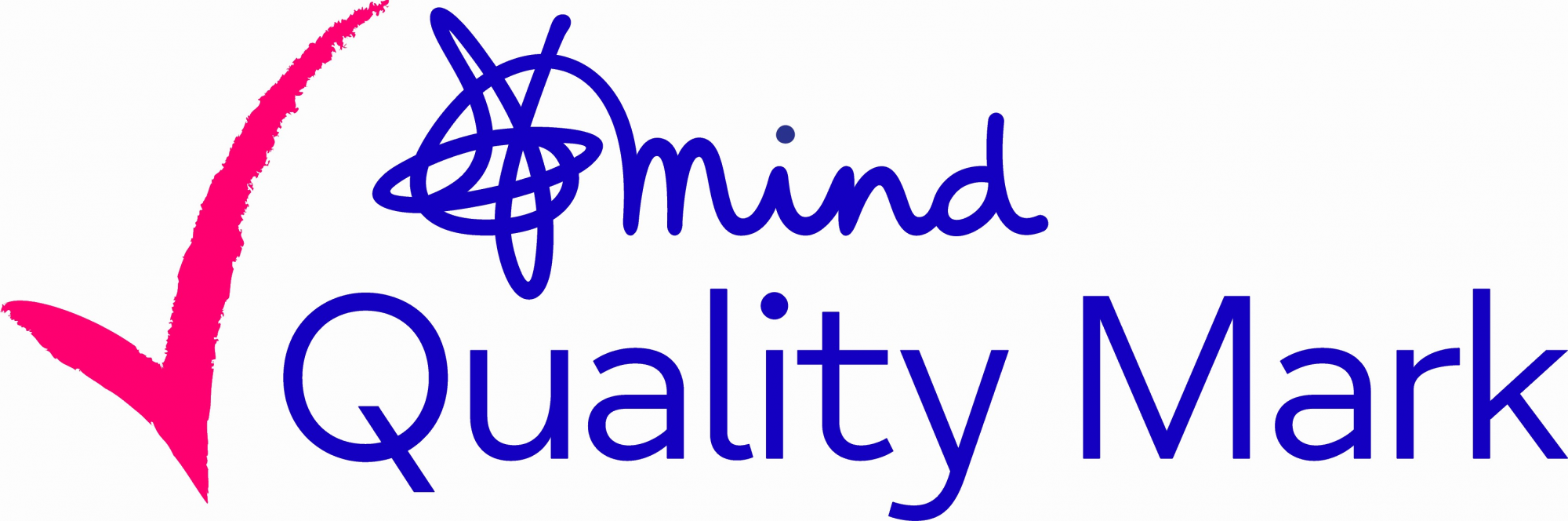 MQM logo for LM websites Mind Quality Mark logo featuring a large pink tick alongside the blue Mind logo and the words “Quality Mark”
