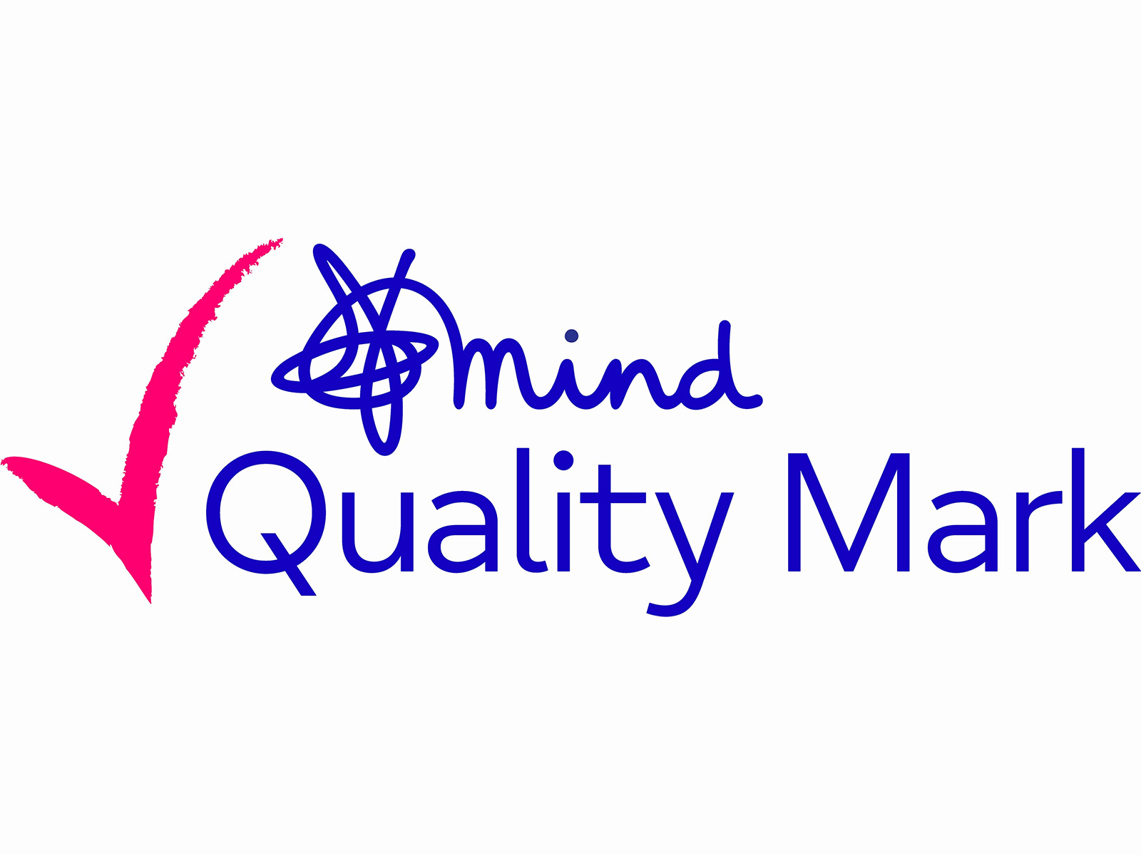 Mind Quality Mark logo featuring a large pink tick alongside the blue Mind logo and the words “Quality Mark”