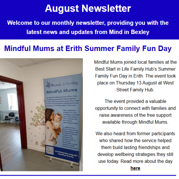 The top of the August Newsletter, featuring an article about the Mindful Mums service that had visited the Erith Family Summer Fun Day
