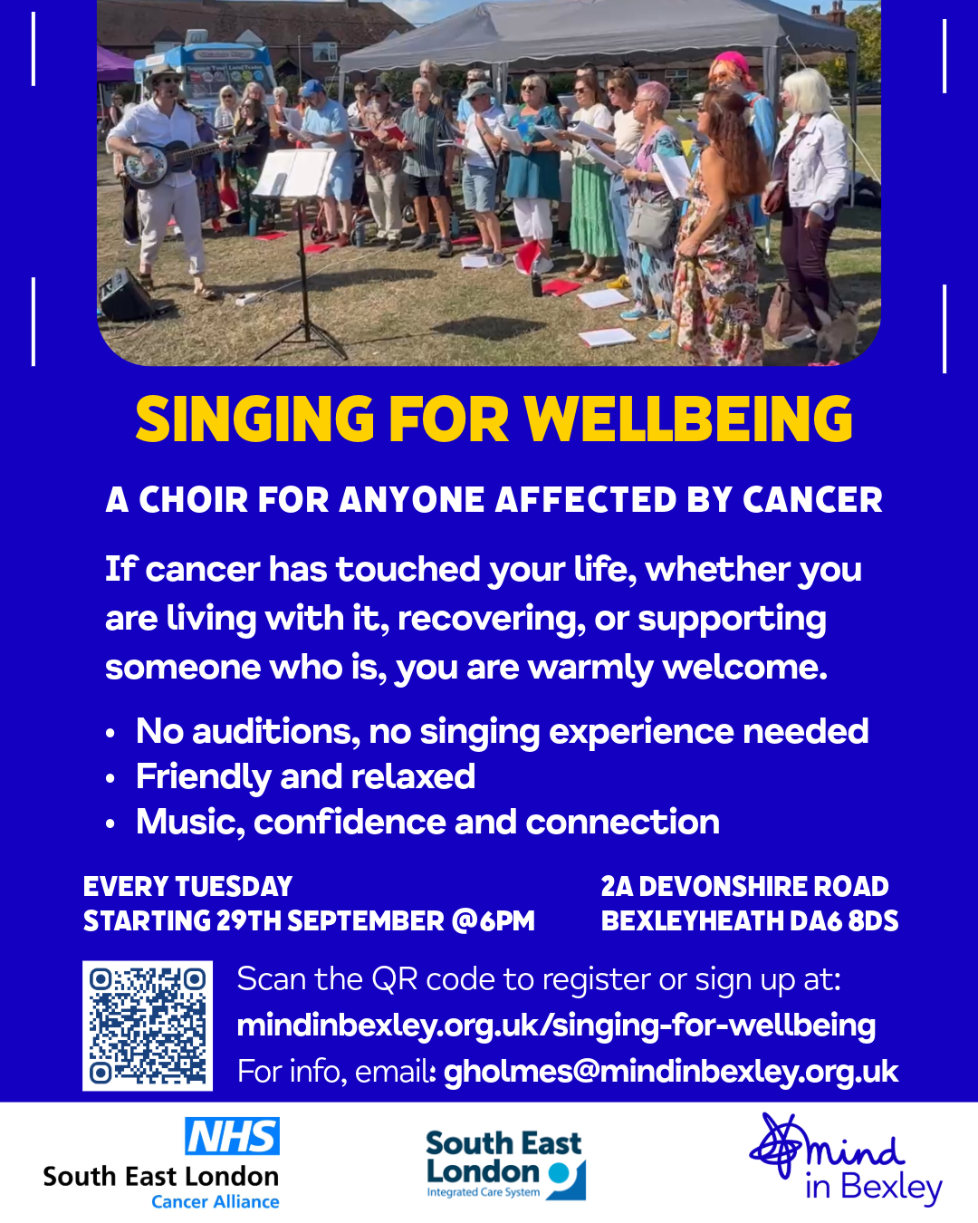 Singing for Wellbeing – social media NEW 6pm Graphic promoting Mind in Bexley’s Singing for Wellbeing choir for anyone affected by cancer, with a photo of a choir performing outdoors. It highlights no auditions, no singing experience needed, a friendly and relaxed atmosphere, and music, confidence and connection. Sessions take place every Tuesday from 29 September at 6pm at 2a Devonshire Road, Bexleyheath.