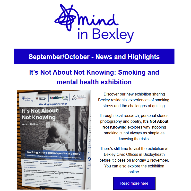 The top of the Mind in Bexley Sept & October Newsletter with a story about the new stop smoking exhibition at Bexley Civic Offices